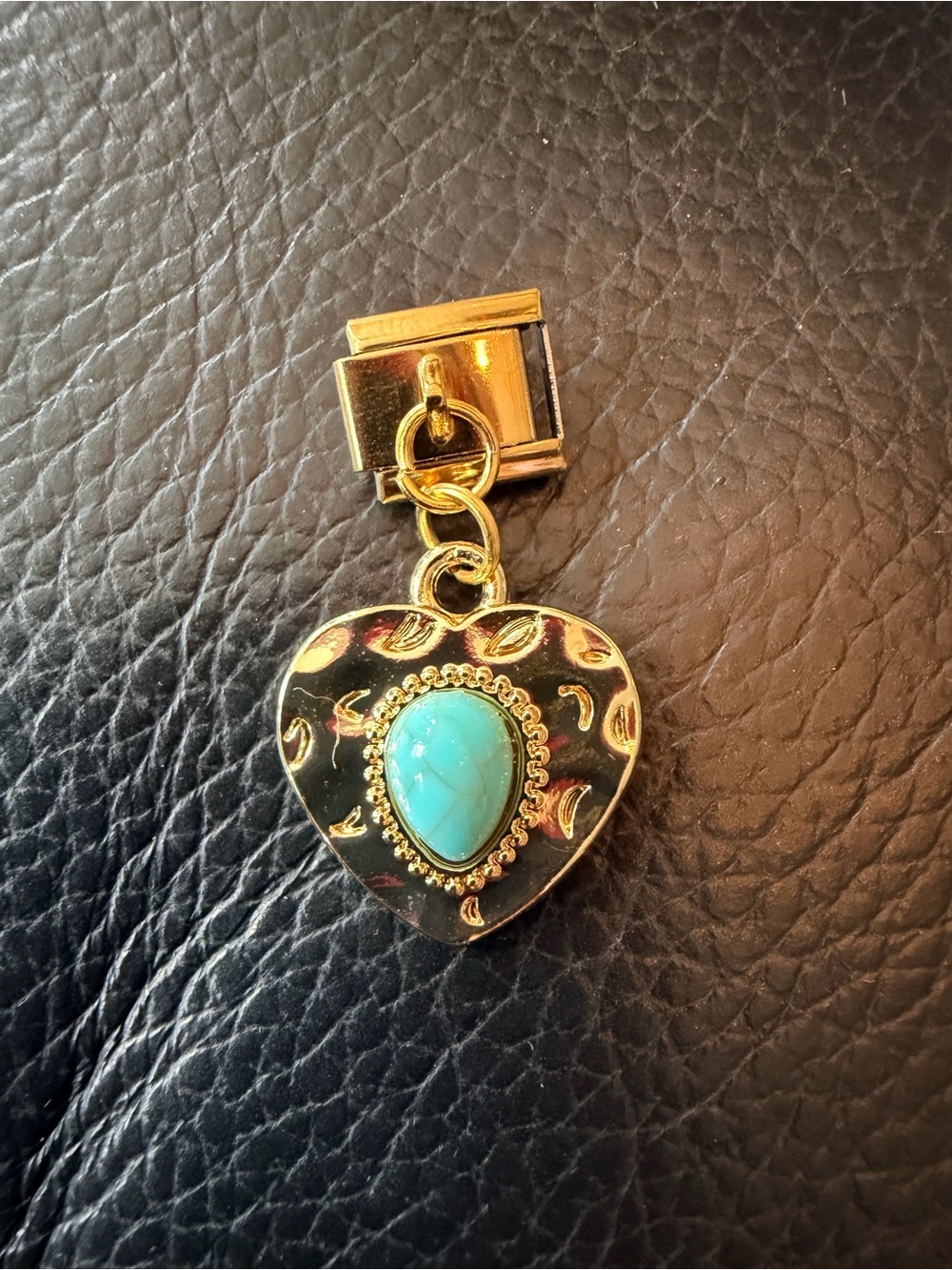 Gold Tone Turquoise Heart Dangle Italian Charm Link